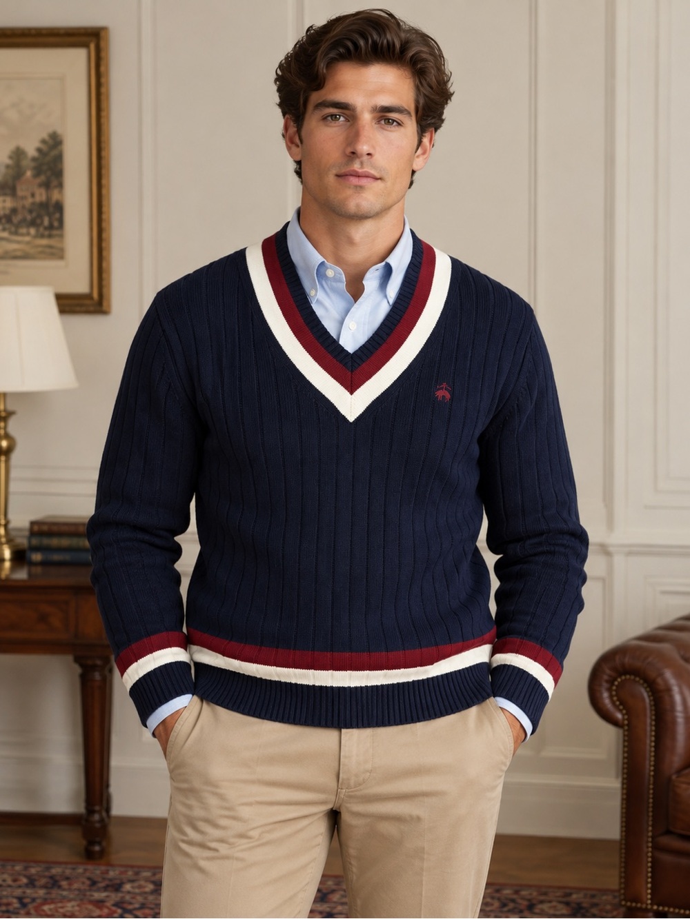 Brooks Brothers Men’s XL Cotton Tennis Cricket V-Neck Sweater Navy Red White XL